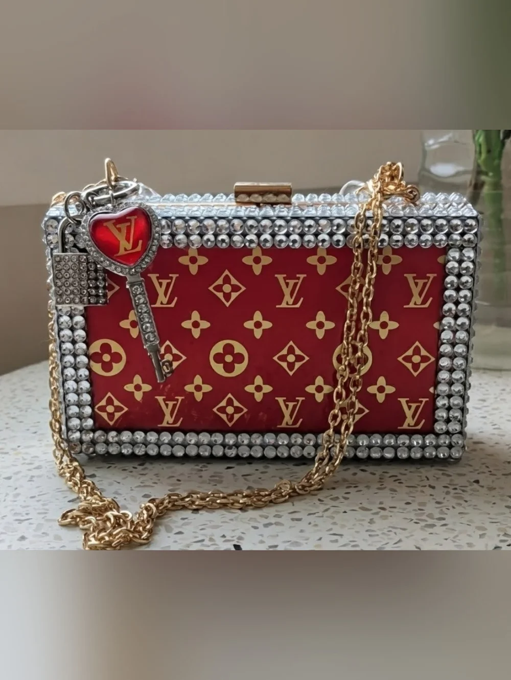 Upcycled Monogram Crystal-Trim Box Clutch with Clear Chain